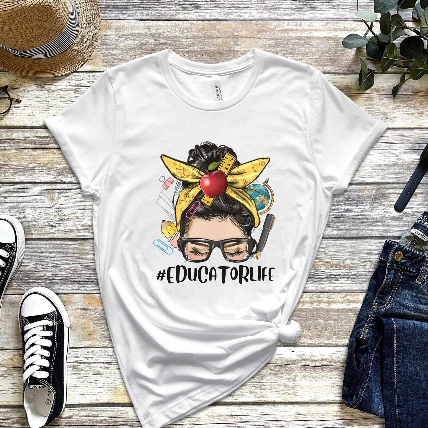 Educator Life T-Shirt – Teacher Bun Graphic Tee with School Supplies & Apple 3