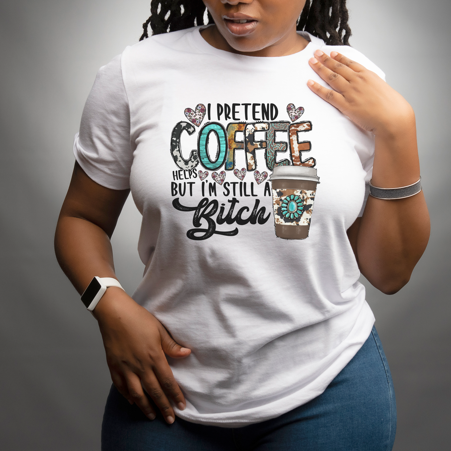 Funny Coffee Lover T-Shirt – “I Pretend Coffee Helps” Sarcastic Graphic Tee for Women