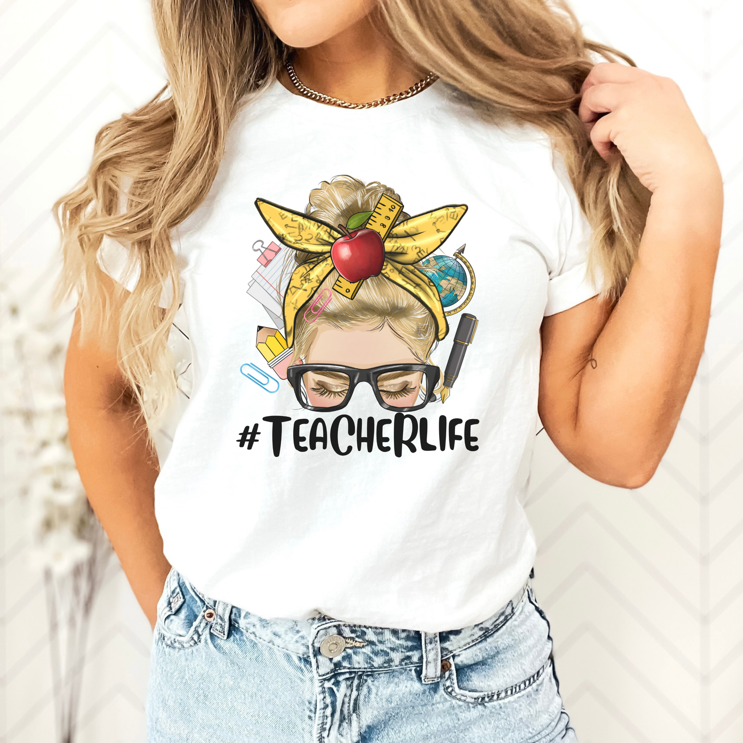 Educator Life T-Shirt – Teacher Bun Graphic Tee with School Supplies & Apple 7