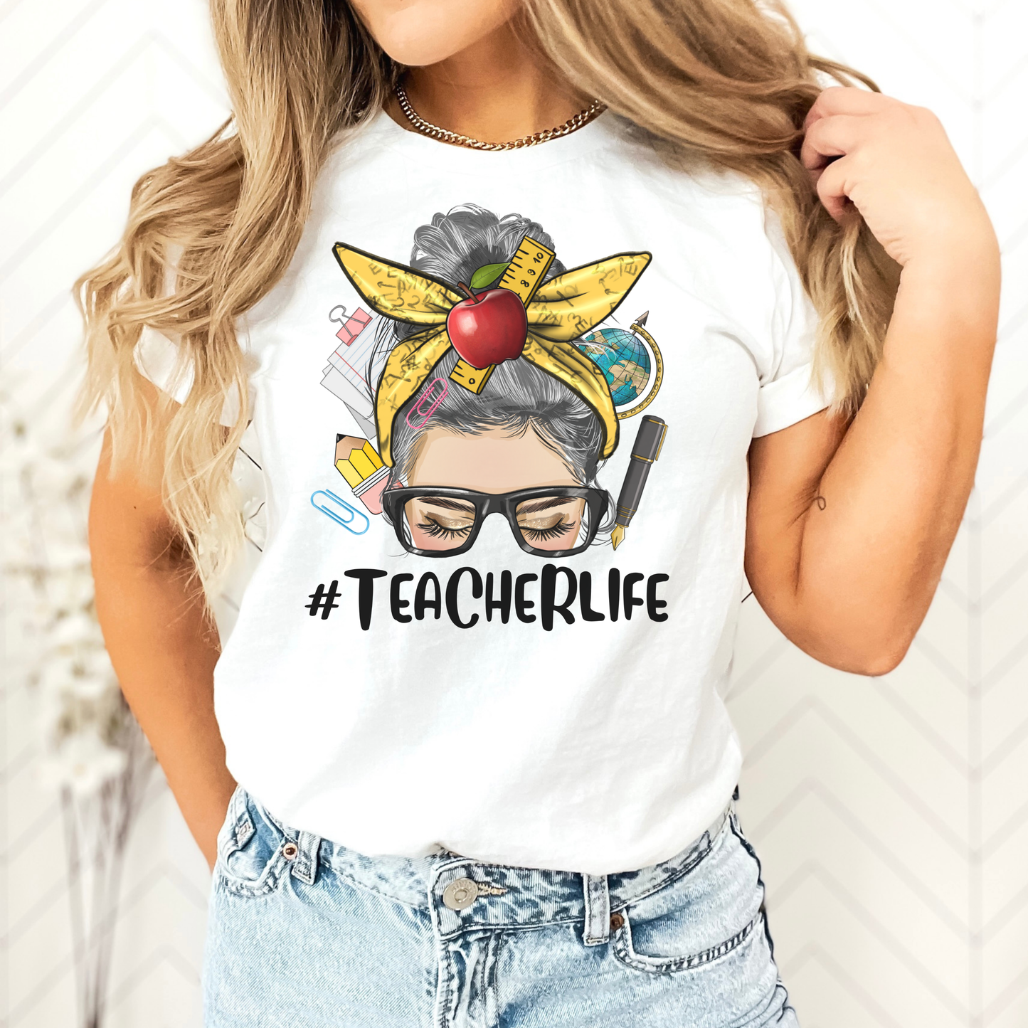 Educator Life T-Shirt – Teacher Bun Graphic Tee with School Supplies & Apple 4