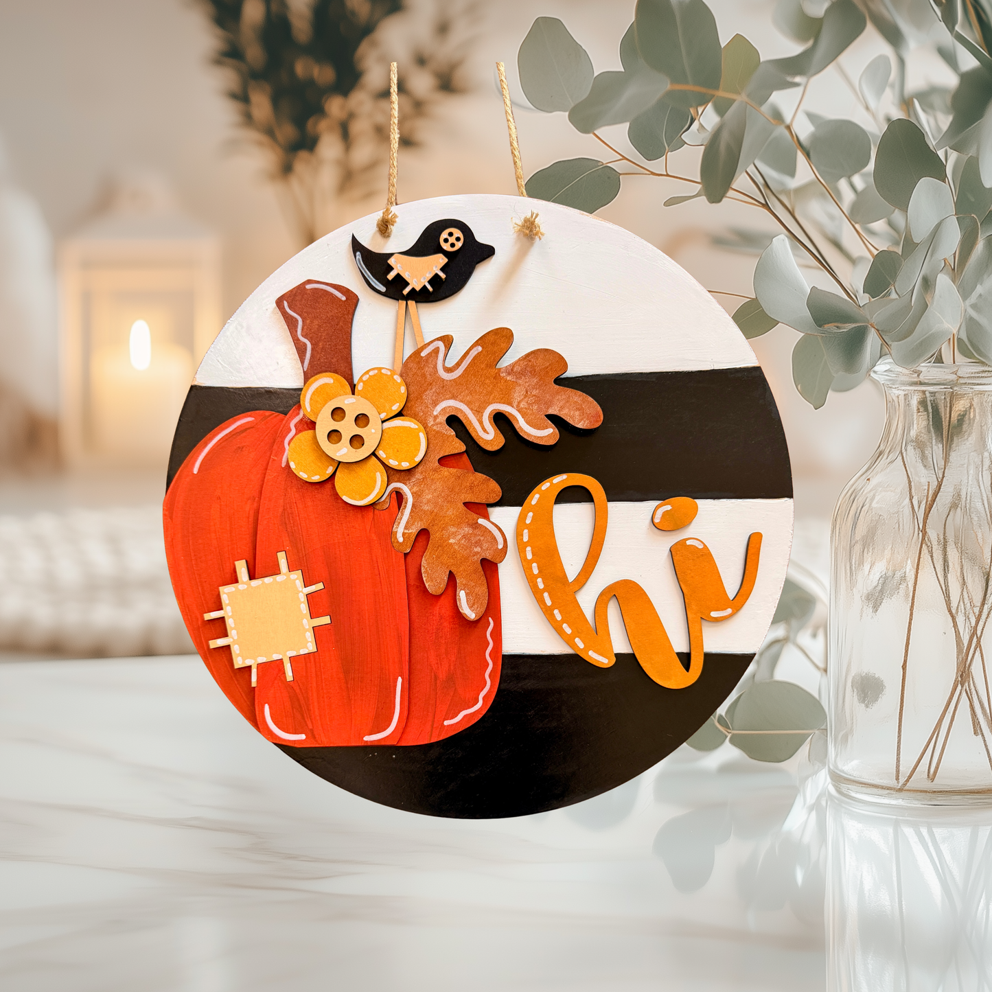 Fall Pumpkin “Hi” Door Hanger – Hand-Painted Layered Wood Sign