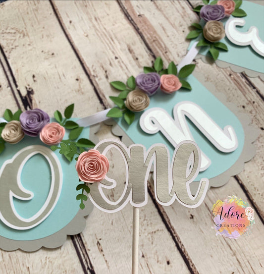 "One" Rose Cupcake Toppers, 1 year old Birthday Cupcake Toppers