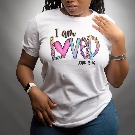 I Am Loved T-Shirt – John 3:16 Christian Graphic Tee with Colorful Heart Design