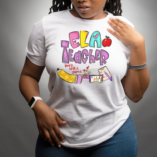 ELA Teacher T-Shirt – Cute Colorful English Teacher Tee with Pencil & Book Graphics