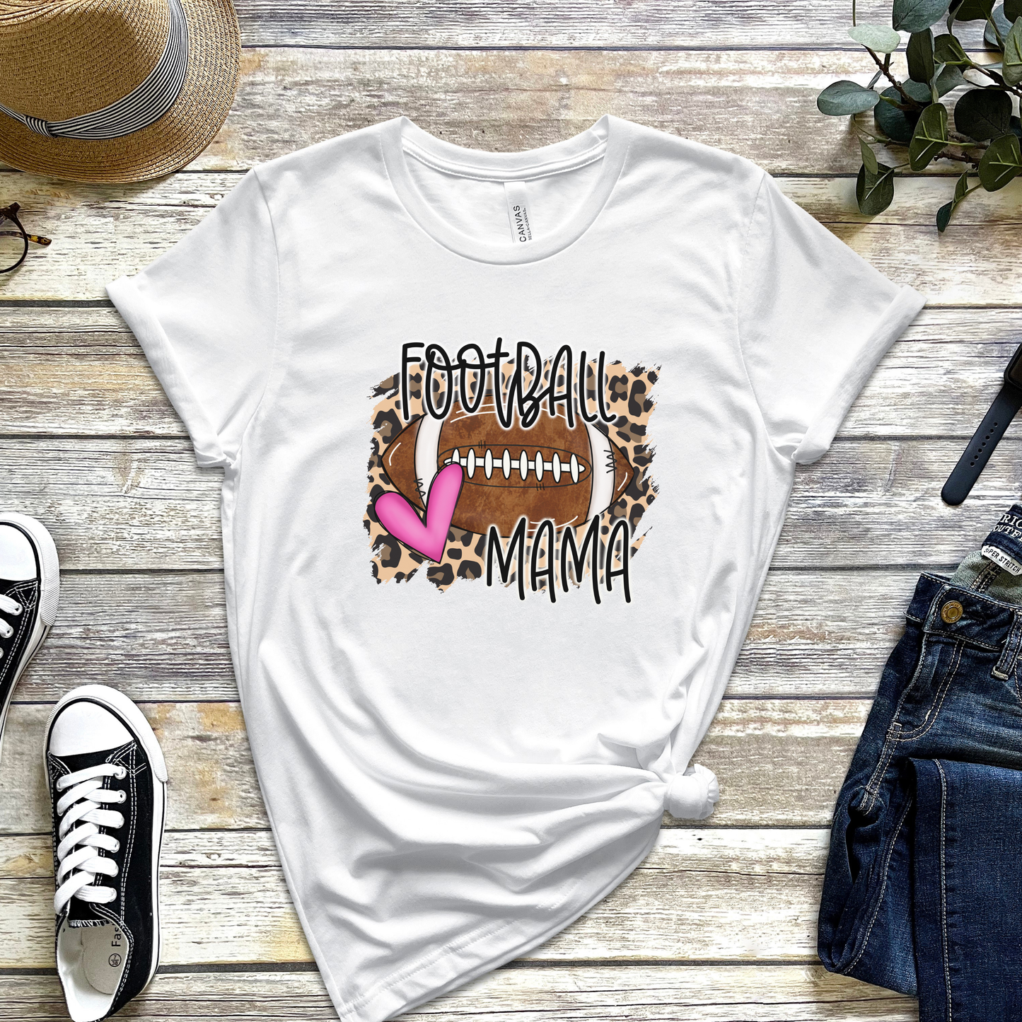 Football Mama T-Shirt – Leopard Print Football Mom Tee with Heart Graphic