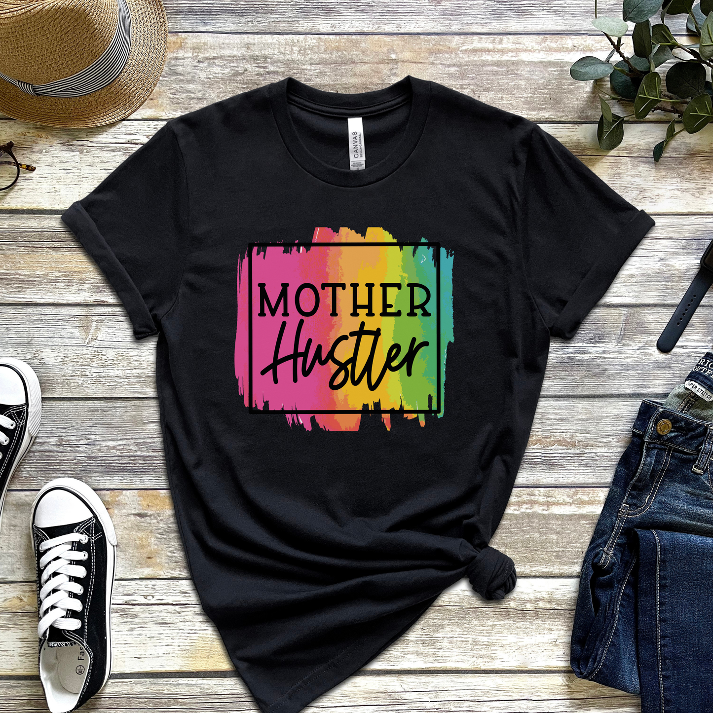 Mother Hustler Graphic Tee – Rainbow Mom Life T-Shirt for Hardworking Moms