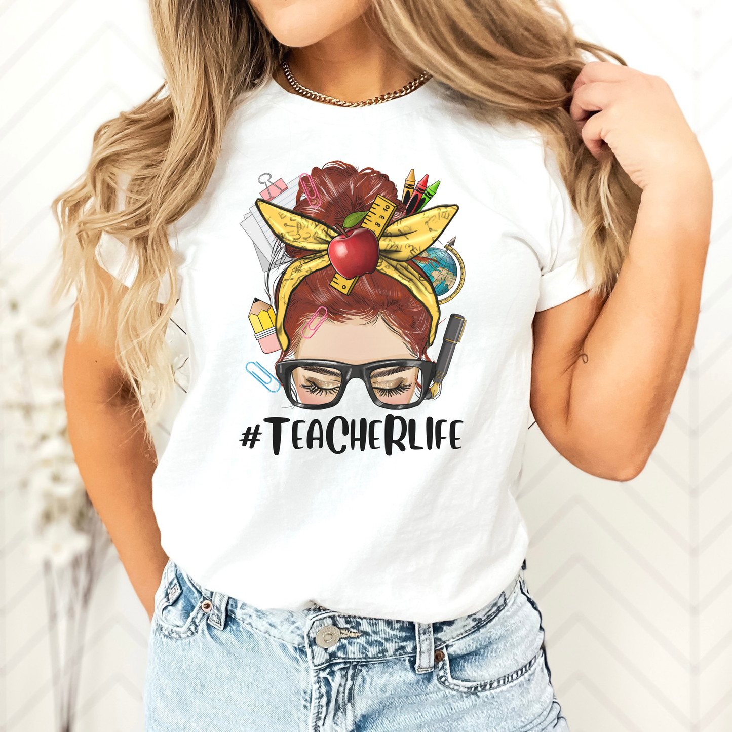 Educator Life T-Shirt – Teacher Bun Graphic Tee with School Supplies & Apple 5