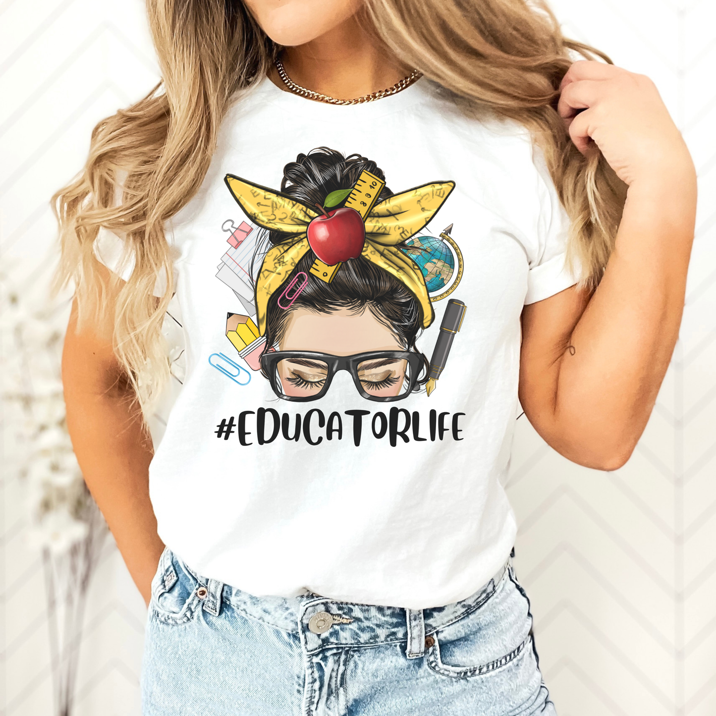 Educator Life T-Shirt – Teacher Bun Graphic Tee with School Supplies & Apple 8
