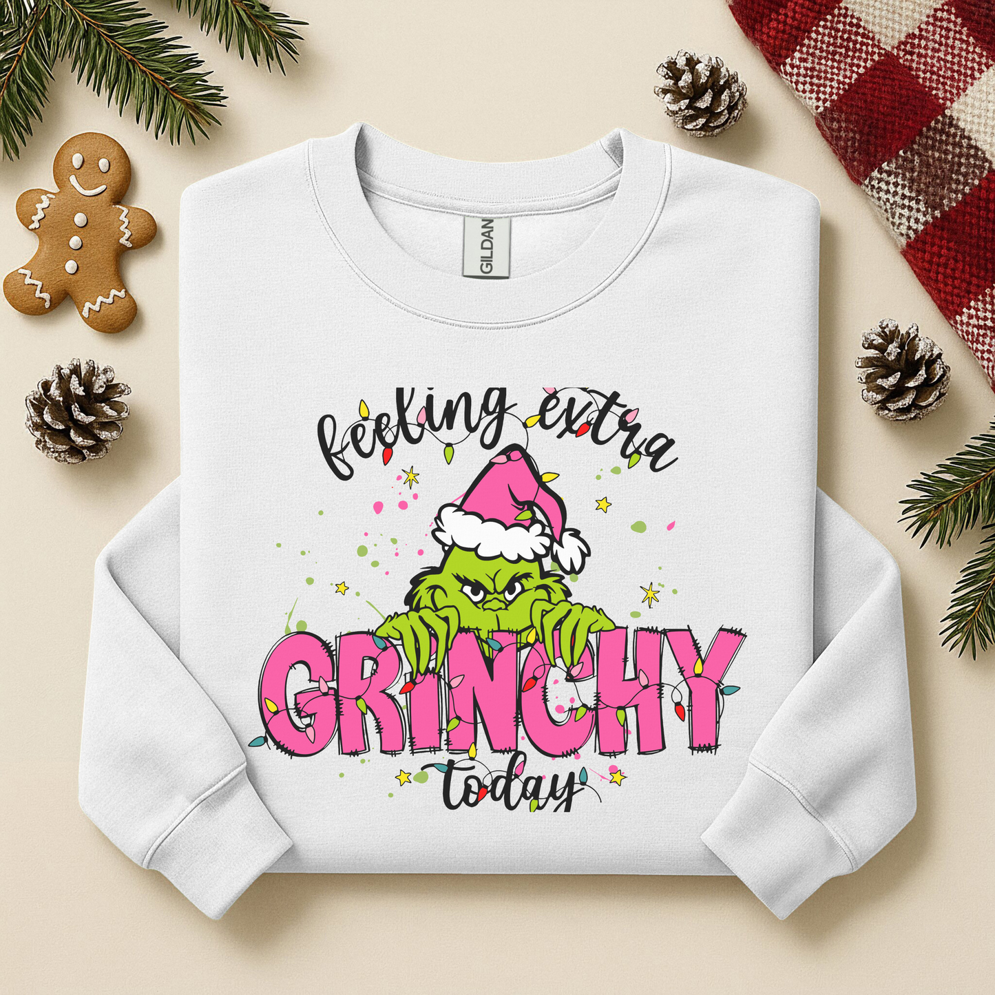 Feeling Extra Grinchy Today Crewneck – Funny Christmas Sweatshirt in Pink & Green
