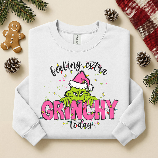 Feeling Extra Grinchy Today Crewneck – Funny Christmas Sweatshirt in Pink & Green