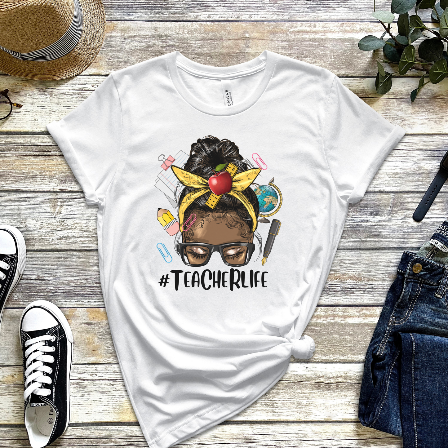 Teacher Life T-Shirt – Cute Teacher Bun Graphic Tee with School Supplies & Apple (Straight Hair)