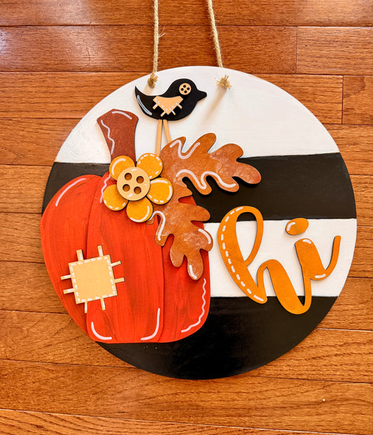 Fall Pumpkin “Hi” Door Hanger – Hand-Painted Layered Wood Sign