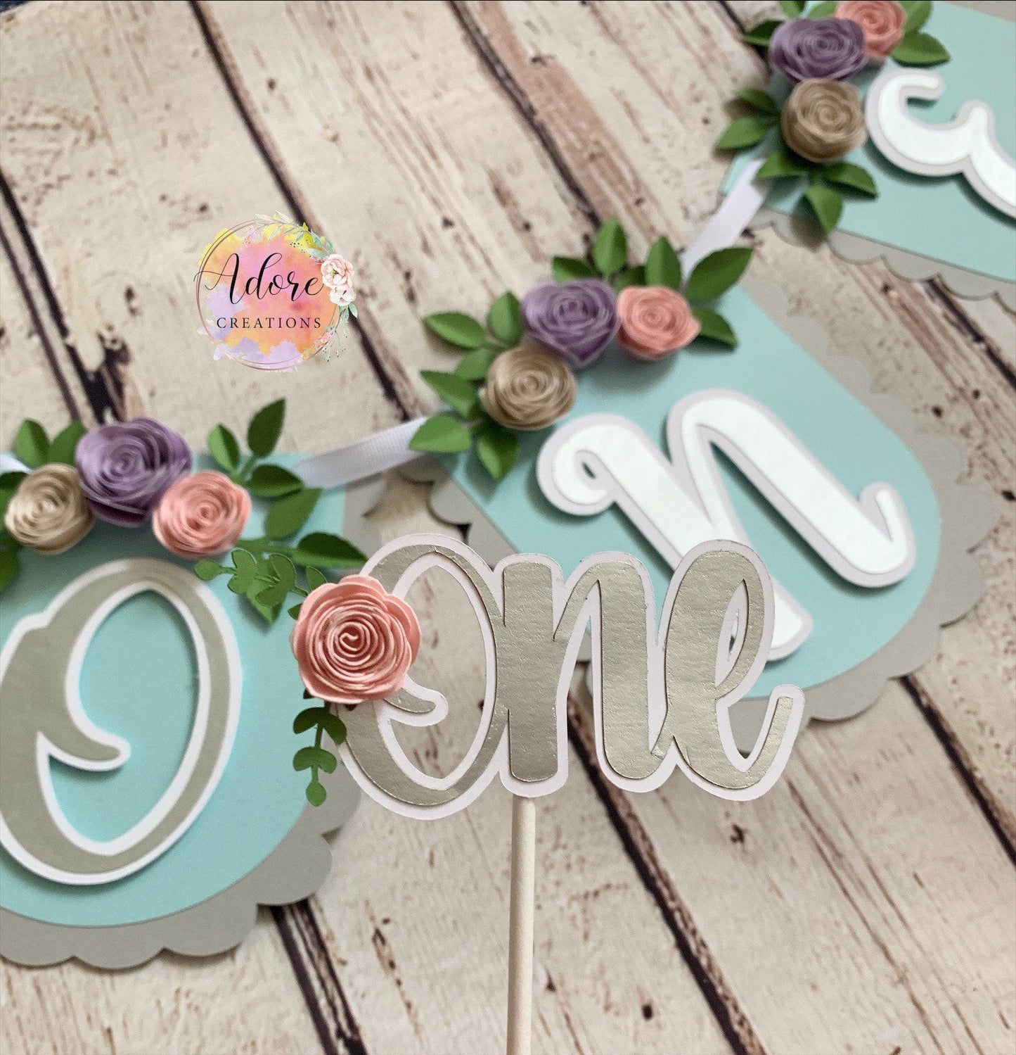"One" Rose Cupcake Toppers, 1 year old Birthday Cupcake Toppers